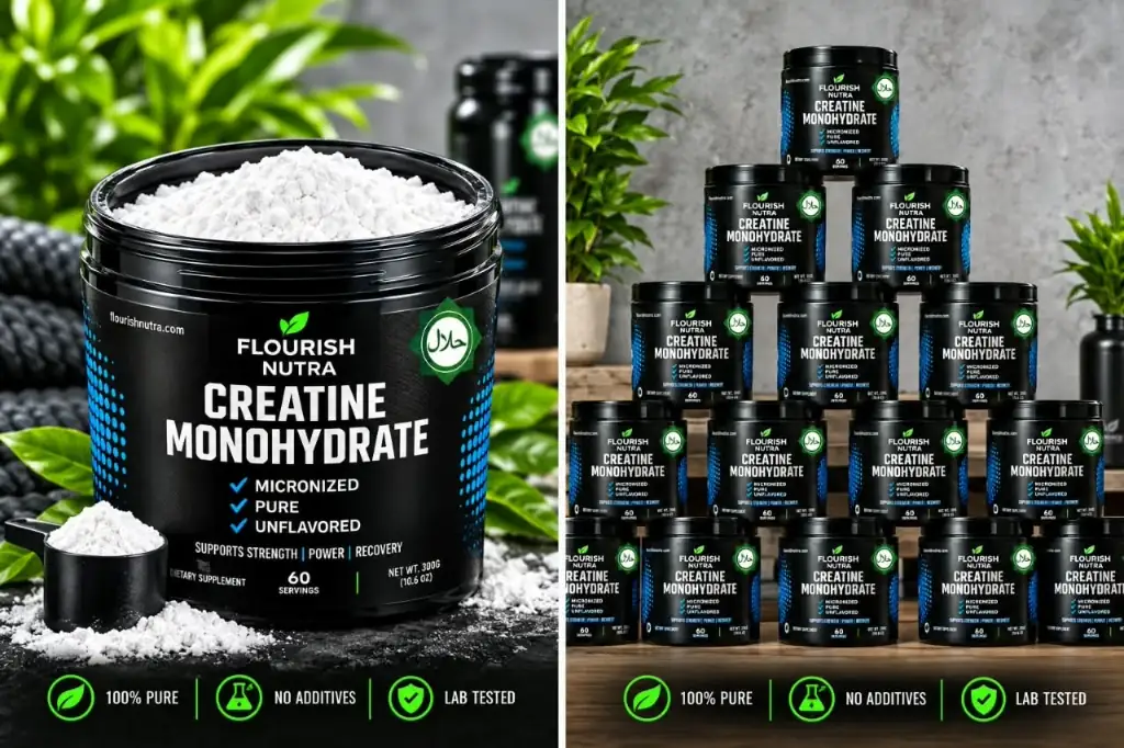 Flourish Nutra creatine monohydrate in a large tub and stacked jars