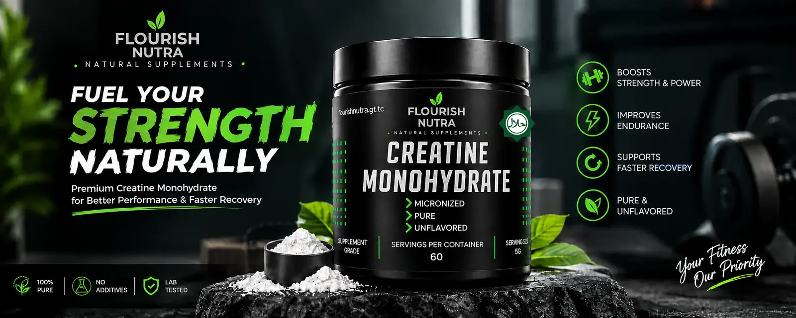 Flourish Nutra Creatine Monohydrate, fuel your strength naturally